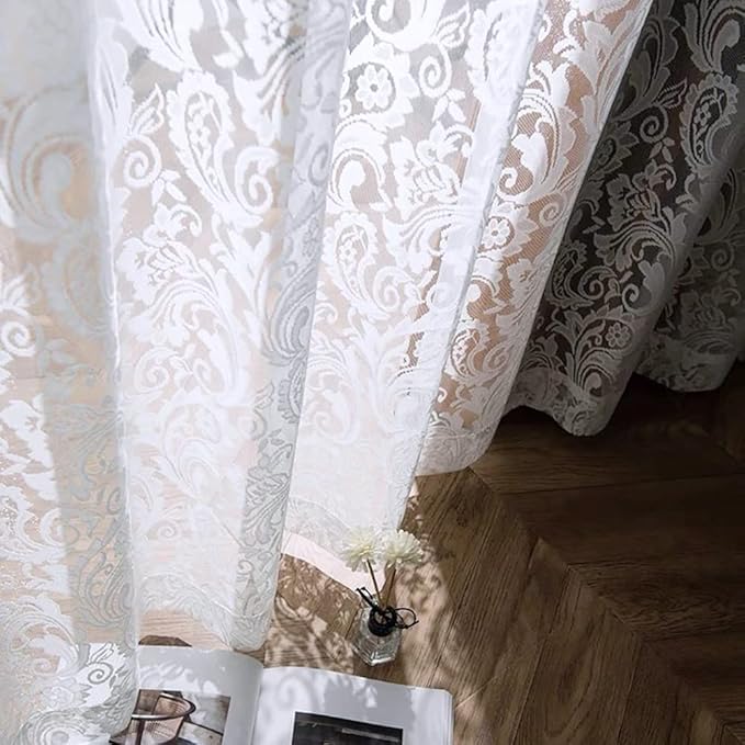 ALIGOGO Sheer Curtains 90 Inches Long 2 Panles Vintage White Lace Curtains Panels for Living Room Bedroom Light Filtering Rod Pocket Farmhouse Country Window Home Decor, 52 x 90 Inch, White
