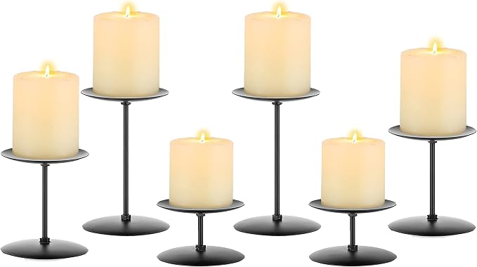 Pillar Candle Holders Candle Plates - Set of 6 Candelabra Candle Stand Iron Plate Minimalism Modern Home Mantel Dinning Table Halloween Decorations Centerpiece for Wedding, Party, Events, Black | Set of 6 Candle Stands in 2.4", 4", 5.8" Height; Minimal...