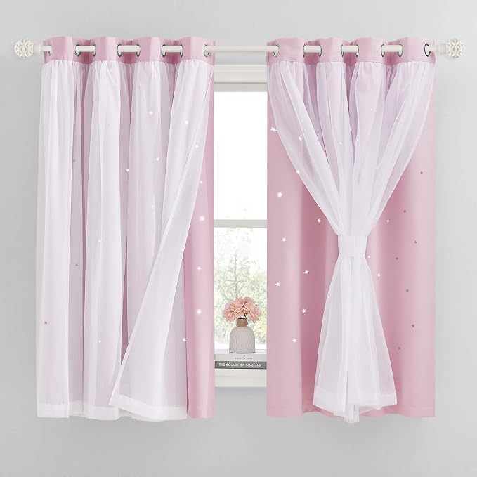 NICETOWN Pink Kids Curtains for Girls Bedroom, Nursery Star Hollow Out Blackout and Sheer Window Treatments with Grommet Top for Thanksgiving, 52 x 63 inches, Lavender Pink, Set of 2