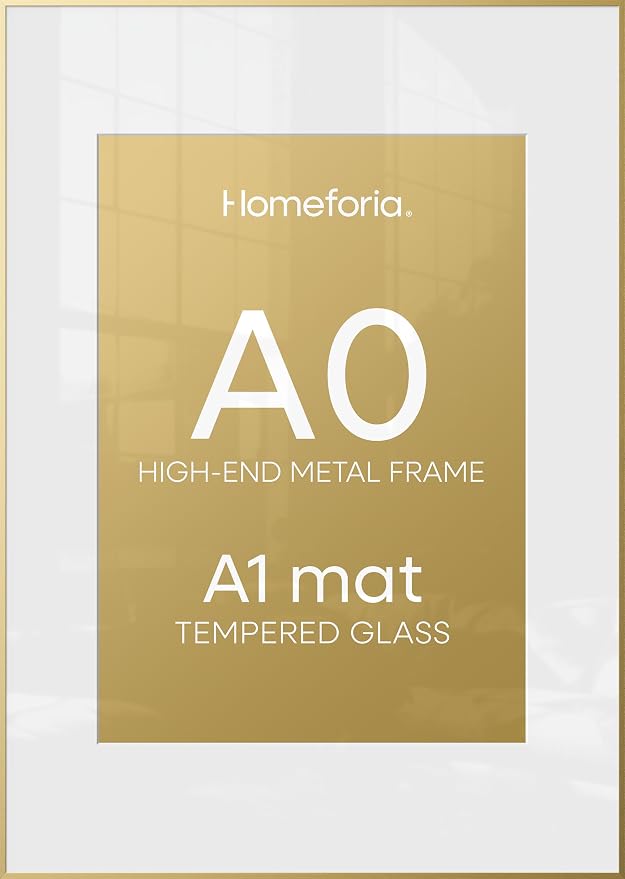 Homeforia A0 Poster Frame Gold, High End Metal 33.1 x 46.8 inches Large Picture Frames with Mat 23.4 x 33.1 for Photo, A0 Size Frames Matted to A1 Print, 33.1x46.8 Thin Frame, Tempered Glass, Set of 2