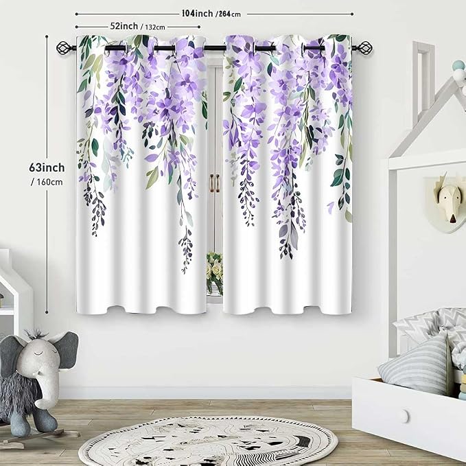 Purple Watercolor Floral Curtains, 52x63 inch, 2 Panels | Botanical Leaves Vine Flowers, Rustic Farmhouse Wisteria, Blackout Window Treatment, For Bedroom Living Room