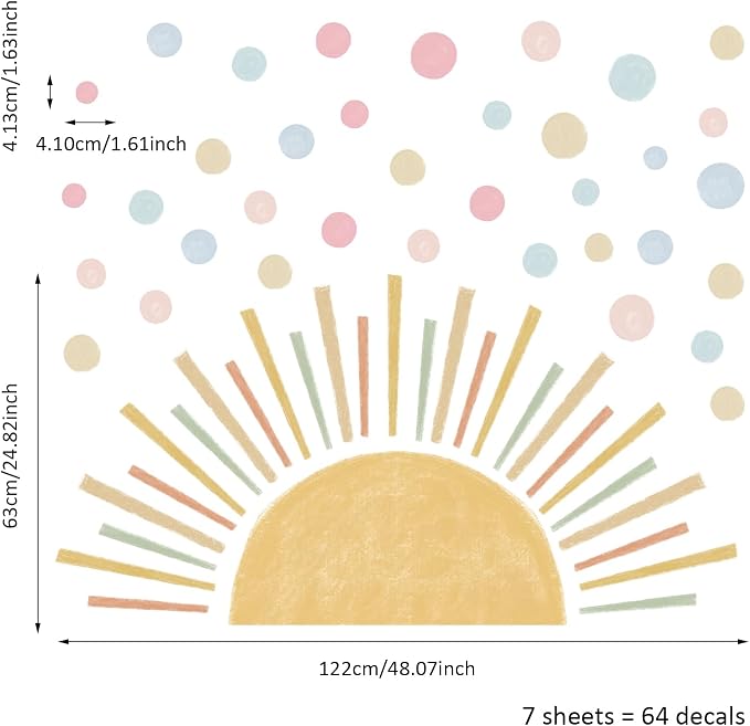 Vibrant Large Half Sun Wall Decals Peel and Stick, Self Adhesive Colorful Polka Dots Wall Sticker, Wall Art Decor Sunrise Wall Stickers for Girls Bedroom Playroom Nursery Room