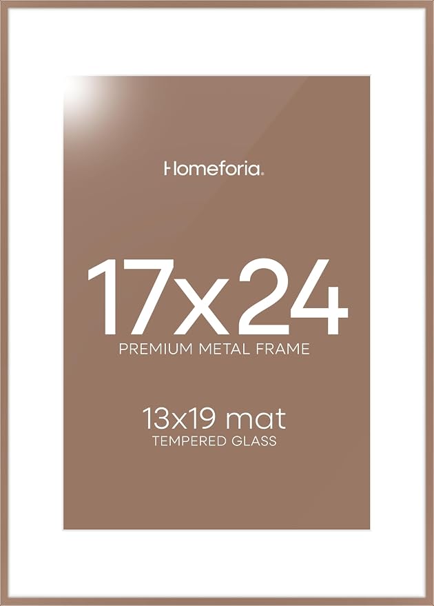 Homeforia 17x24 Picture Frame Mocha, High End Metal 17x24 Poster Frames with Mat 13x19 Photo, 17 x 24 Mocha Frame Matted to 13 by 19 Print, 24by17 Thin Hanging Frames, Tempered Glass, Wall Kit, Set of 2