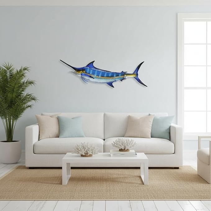 LIFFY Metal Blue Marlin Wall Decor Indoor Metal Fish Wall Art Large Fish Wall Hanging Decorations Ocean Theme Outdoor Wall Decor for Patio,Garden,Yard - 36 Inches Long