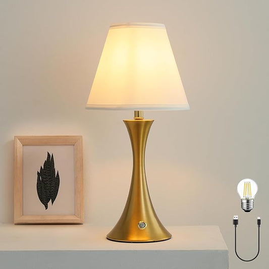18 inches Gold Brass Wireless Lamp,Cordless Table Lamp with 8000mAh Battery,Modern and Elegant Rechargeable Table Lamp,Bulbs and Charging Cable Included