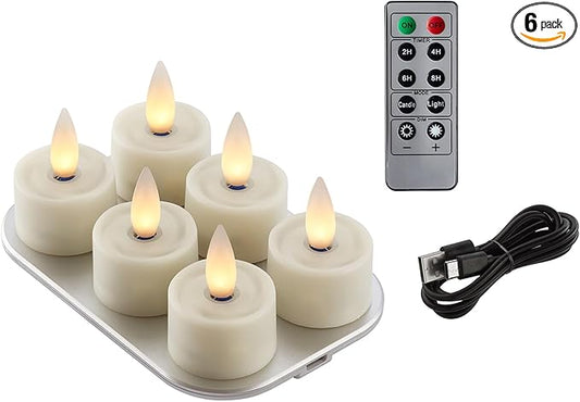 Rechargeable Flameless Tealights Candle with Remote Timer, 3D Moving Flame Real Wax Led Tealight Candles (Ivory, 1.4in)