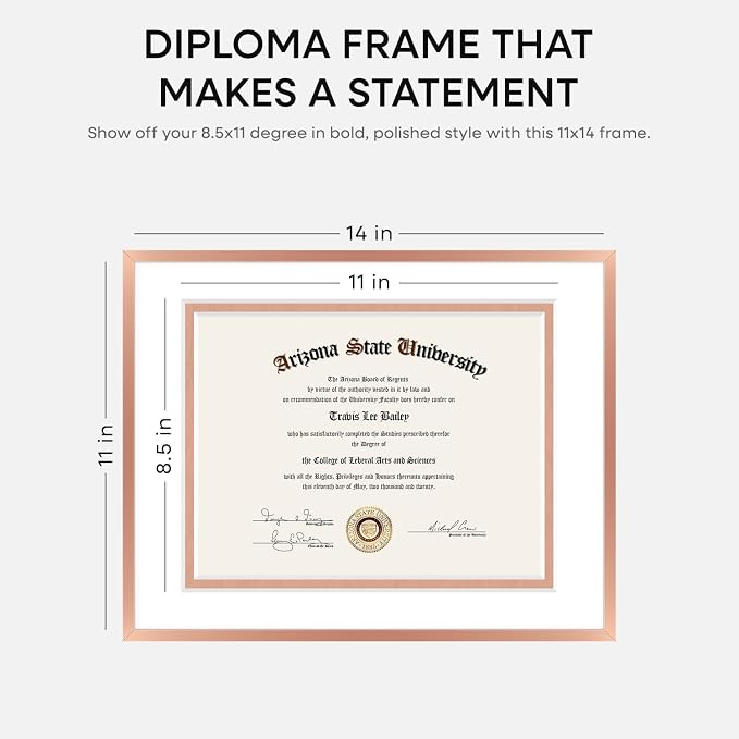 Homeforia 11x14 Diploma Frame Rose Gold, High End Metal 11 x 14 Certificate Frames with Mat 8.5x11, 14x11 Document Frame Matted to 8.5 x 11, Award Graduation Frames, Tempered Glass, Wall Kit, Set of 2