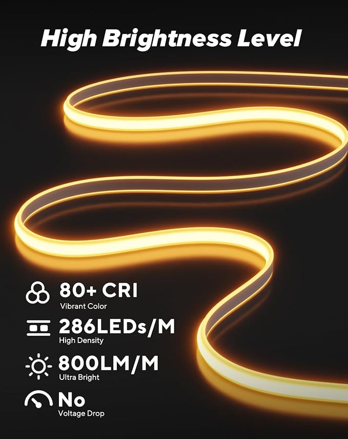 Shine Decor COB LED Rope Light AC 120V, 800lm Ultra Bright, IP65 Waterproof Cold-Resistant ETL Neon Strip, No Driver Tape Lighting for Home Commercial 10x4.5mm, 2800K Warm White, 82ft