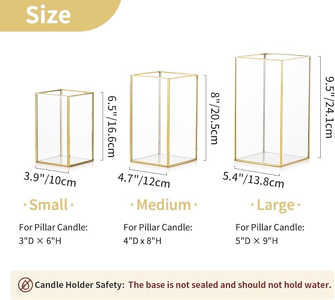 Nuptio Glass Hurricane Candle Holder Set of 3 Gold Pillar Candle Holders Large Rectangular Candleholder Table Centerpieces Decoration for Wedding Christmas Holiday Home Ornaments 9.5 & 8.1 & 6.5 inch | Large Rectangular Candleholder Table Centerpieces ...