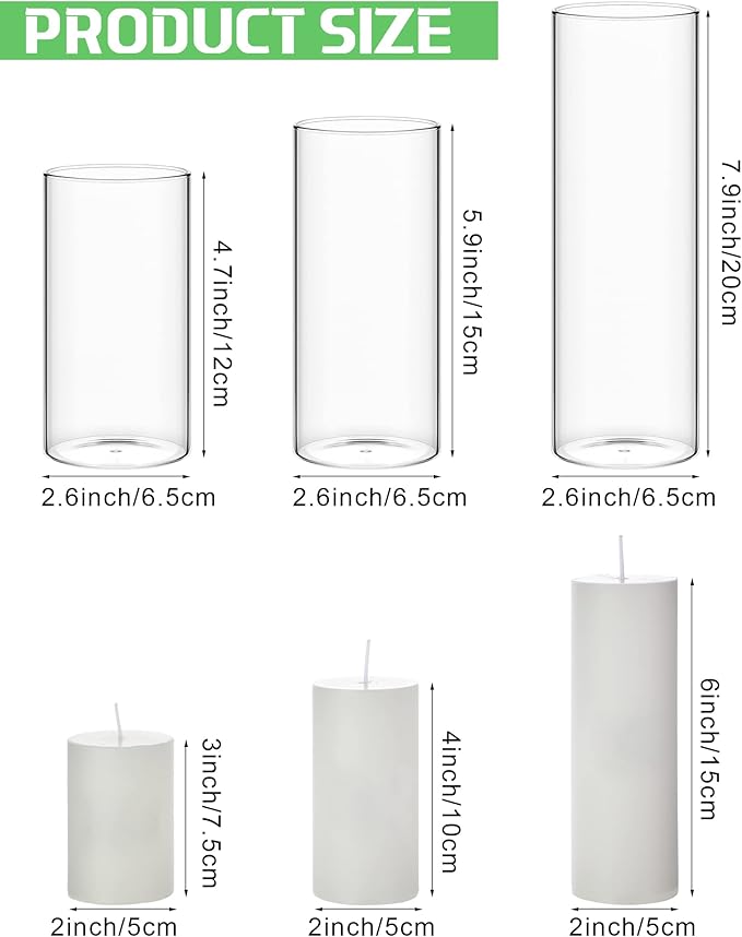 Shihanee Set of 3 Pillar Candles and 3 Glass Cylinder Candle Vases Holders Clear Pillar Jars for Wedding Centerpieces(2.6'' X 4.7'', 5.9'', 7.9'',White)