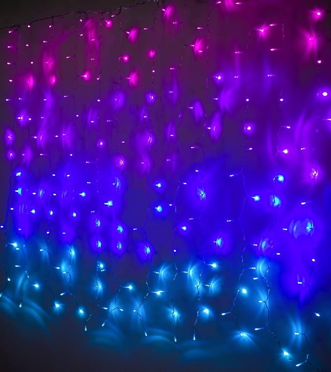Pink Purple & Blue Ombre LED Curtain Lights with Remote, Rainbow Waterfall String Lights Ombre Hanging Fairy Mermaid Light for Teen Room, Girls Room, Mernaid, Bedroom, Birthday, Cute Holiday Décor
