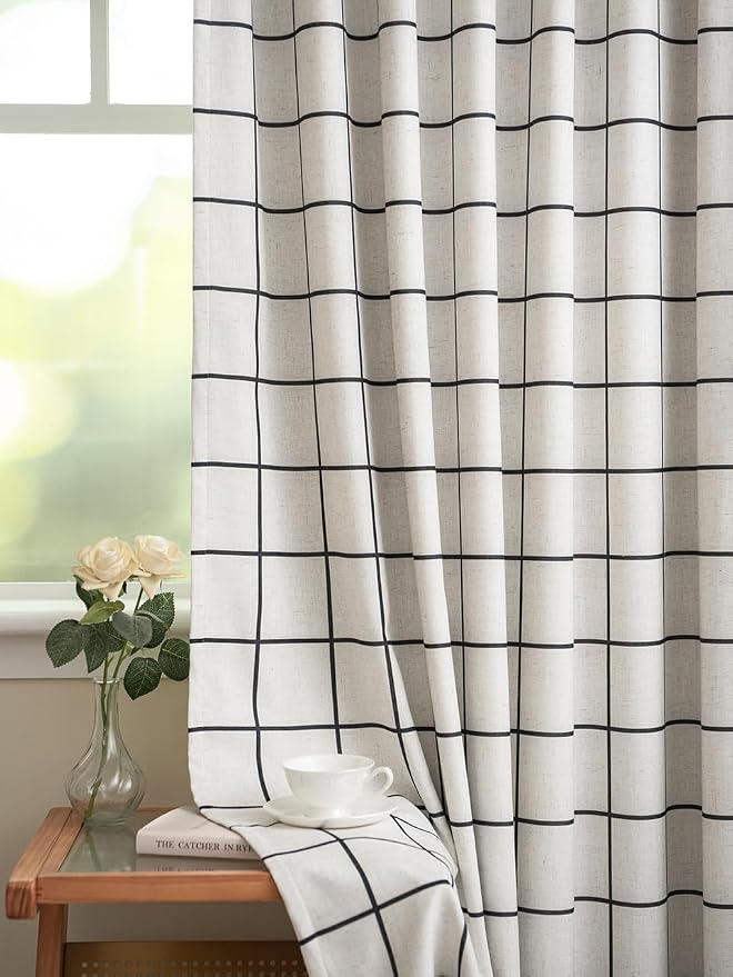 THREE GIRLS Plaid Pinch Pleated Curtains -Industrial Blackout Linen Buffalo Drapes, Thermal Insulated Window Panels for Gaming Room Boy's Room Home Theater, 95 Inches Long Black 2 Panels Set