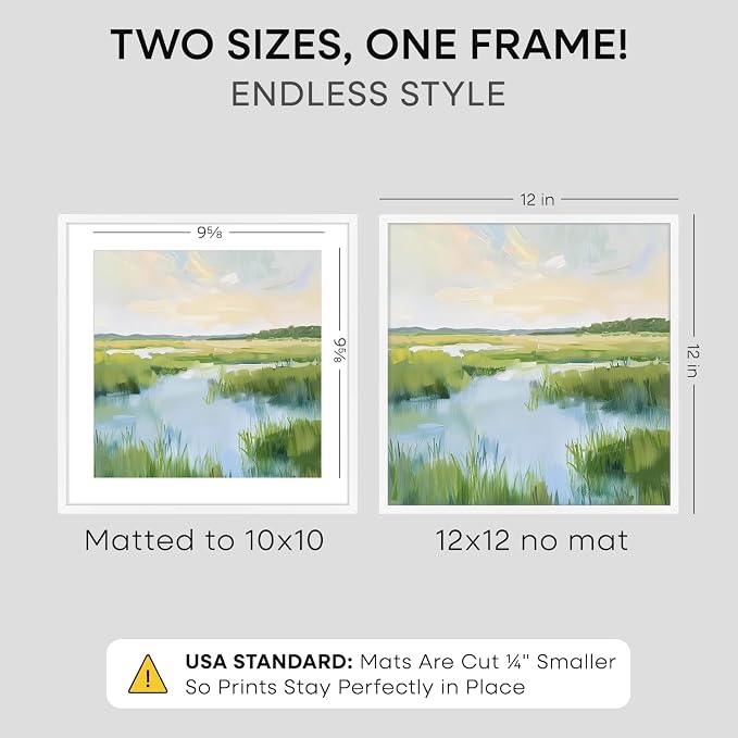 Homeforia White 12x12 Picture Frames, High End Metal 12 x 12 Square Poster Frame with Mat 10 x 10 Photo, 12x12 White Frame Matted to 10x10 Print, 12by12 Thin Frames, Tempered Glass, Wall Kit, Set of 2