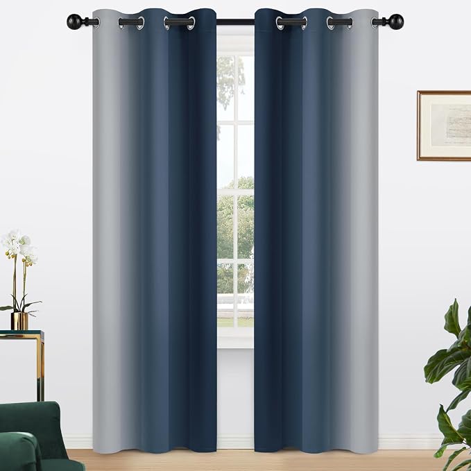 Yakamok Ombre Curtains Navy Blue and Greyish White for Living Room,42Wx84L | Room Darkening Curtains 84,Thermal Insulated Gradient Color Drape,Light Blocking Grommet Window Curtains for Bedroom,2 Panels