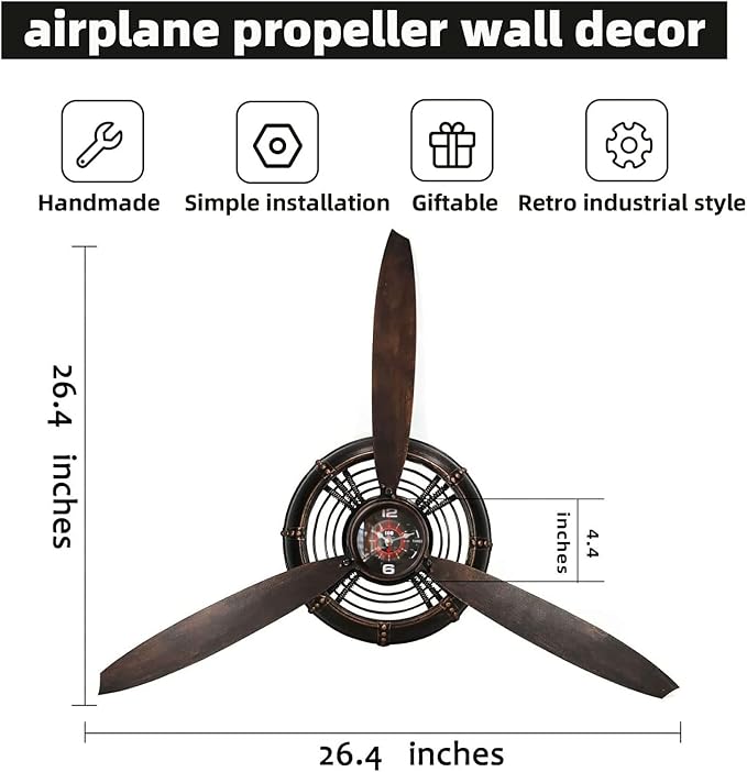 YOUKI Airplane Propeller Wall Decor,Aviation Decor,Pilot Gifts,Propeller Wall Sculptures,Wall Art for Kitchen Bedroom,Living room,kitchen,Bathroom, Battery Operated,Metal.Bronze