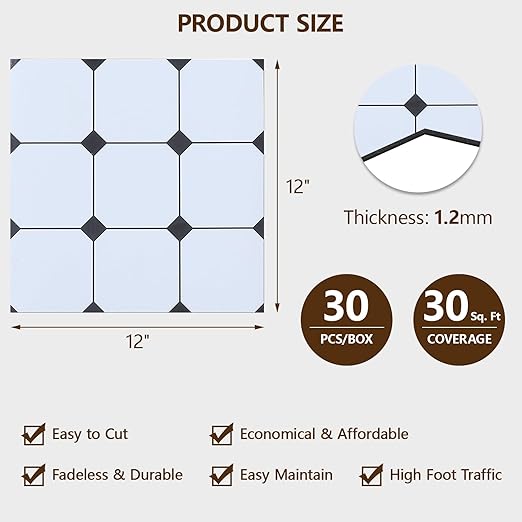 Peel and Stick Floor Tile, 30-Pack 12" x 12" Vinyl Flooring, Waterproof Self-Adhesive Luxury Vinyl Tiles, Easy DIY for Bathroom, Kitchen, Dinning Room, Cover 30 Sq. Checkered Marble