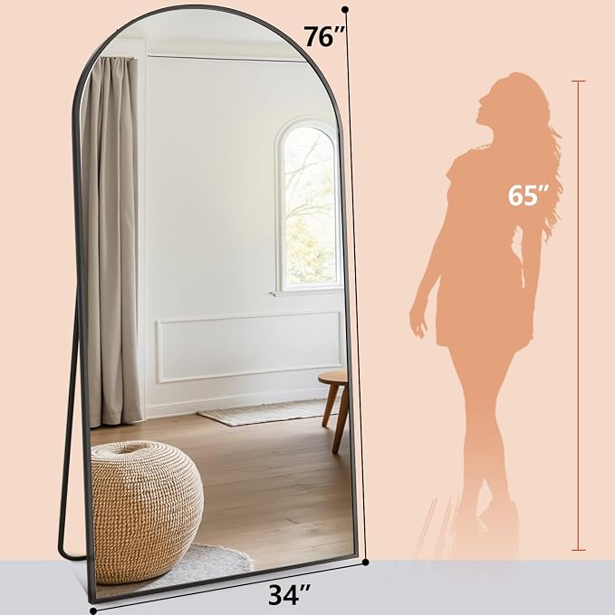 Prywot Arched Floor Mirror, 76 "x 34" Full Length Mirror Wall Mirrors Hanging or Leaning Arched-Top Full Body Mirrors with Stand for Bedroom, Dressing Room, Black