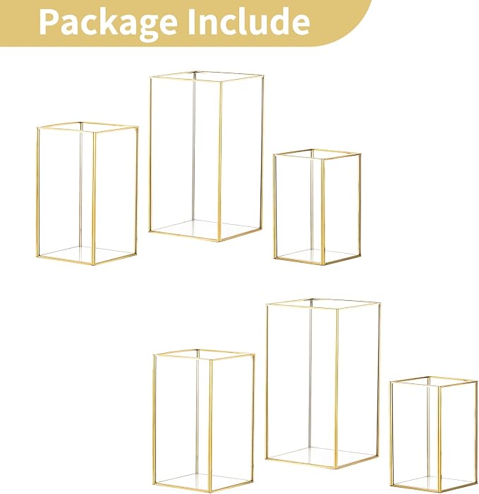 Nuptio Glass Hurricane Candle Holder Set of 6 Gold Pillar Candle Holders Large Rectangular Candleholder Table Centerpieces Decoration for Wedding Party Thanksgiving Ornaments 9.5 & 8.1 & 6.5 inch | Large Rectangular Candleholder Table Centerpieces Deco...