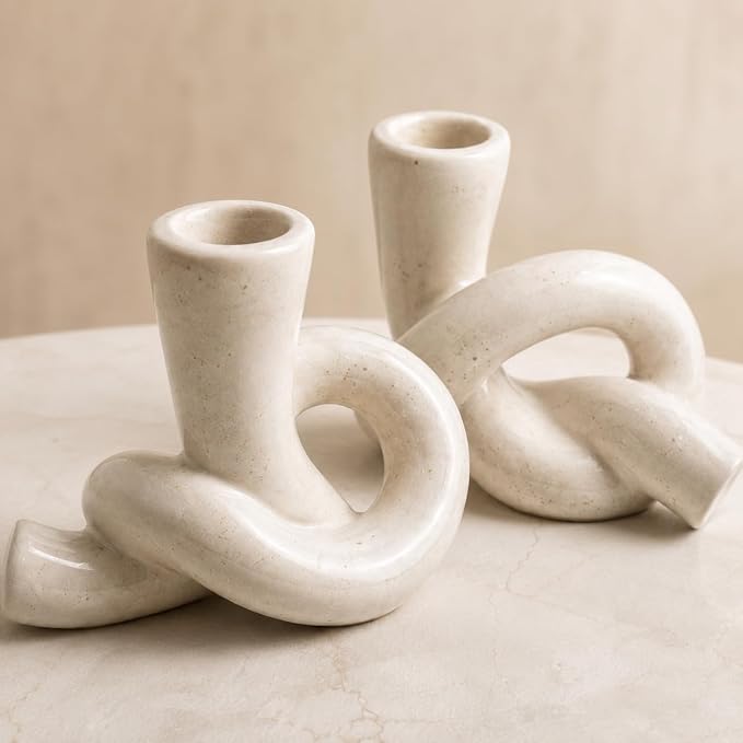2 Pcs Pretty Ceramic Candle Holder, Modern Abstract Art Candlestick Holder Set, Table Centerpiece Taper Candle Holders Decorations for Home Decor Wedding, Dinning, Party, Mantel, TV Stand, and Kitchen