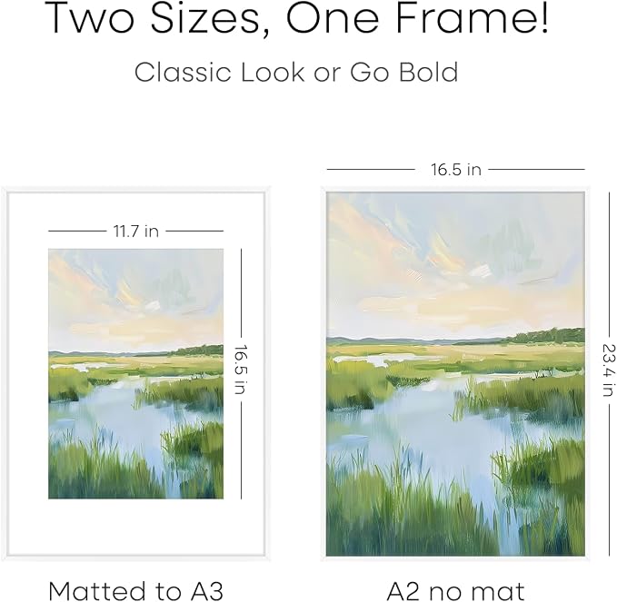 Homeforia A2 Picture Frame White, High End Metal 16.5 x 23.5 inch Poster Frames with Mat 11.7 x 16.5 for Photo, A2 Size Frames Matted to A3 Print, 16.5 by 23.4 Hanging Frames, Tempered Glass, Set of 2
