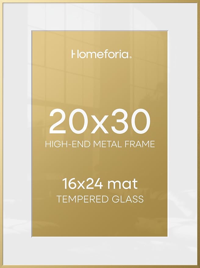 Homeforia 20x30 Poster Frame Gold, High End Metal 20 x 30 Picture Frames with Mat 16 by 24 Photo, 20x30 Gold Frame Matted to 16x24 Print, 30x20 Large Hanging Frames, Tempered Glass, Wall Kit, Set of 3