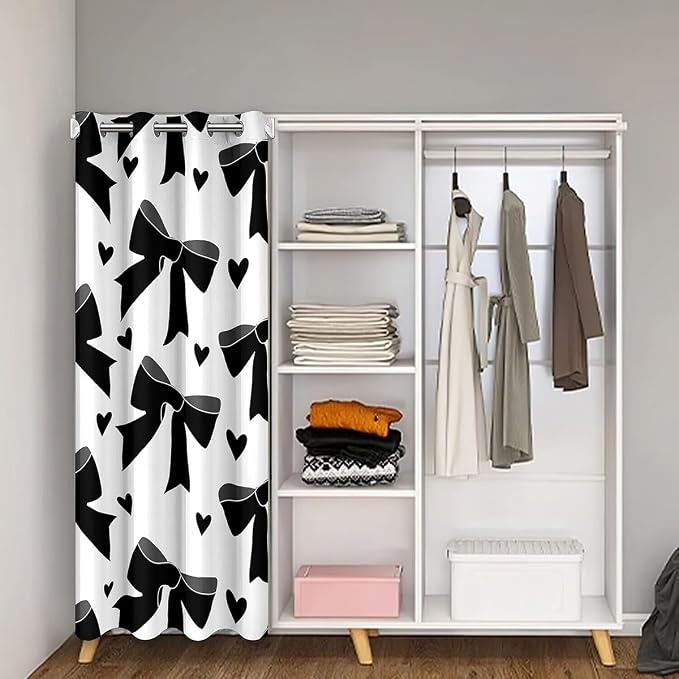 Feelyou Black Bowknot Closet Door Cover Curtain for Bedroom Living Room,Black Bow Love Hearts Princess Door Curtain for Doorway Privacy 1 Panel, 34"x80" Bedroom Decor,Watercolor Room Blackout Curtain