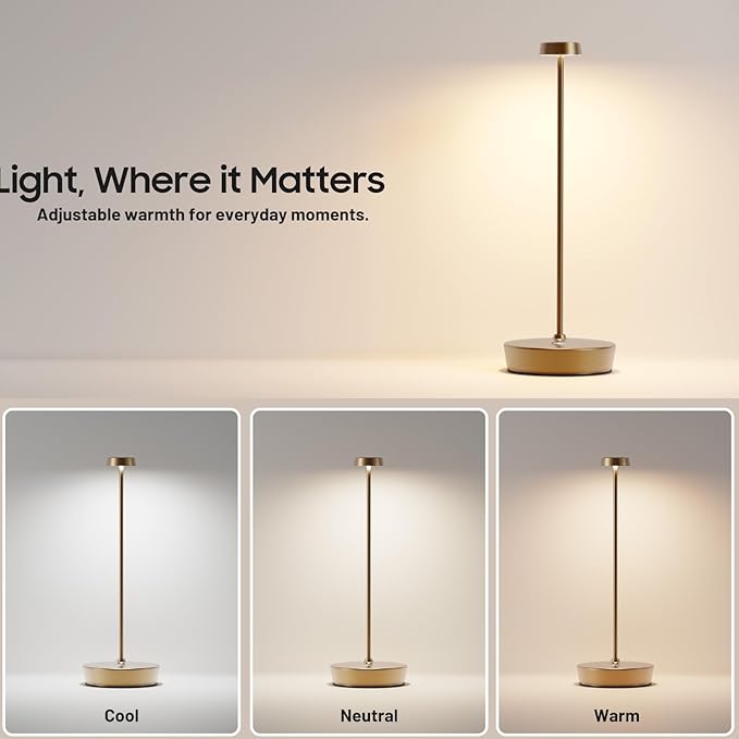 Cordless LED Table Lamp，Rechargeable Battery Desk Lamps, 3 Color Stepless Dimmable Metal Battery Table Lamps, Portable Table Light for Indoor/Outdoor/Restaurants/Bedroom/Bar
