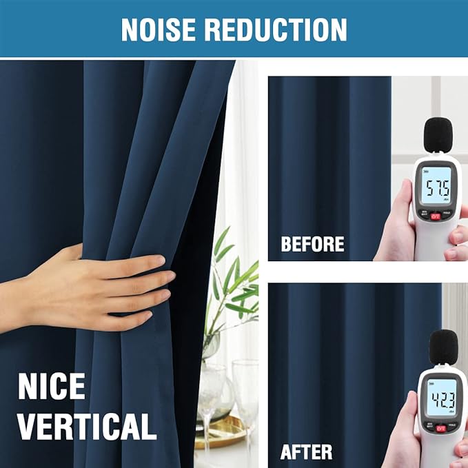 H.VERSAILTEX 100% Blackout Curtains for Bedroom with Black Liner Full Room Darkening Curtains Thermal Insulated Back Tab/Rod Pocket Window Drapes for Living Room, 2 Panels, 42 x 63 Inch, Navy