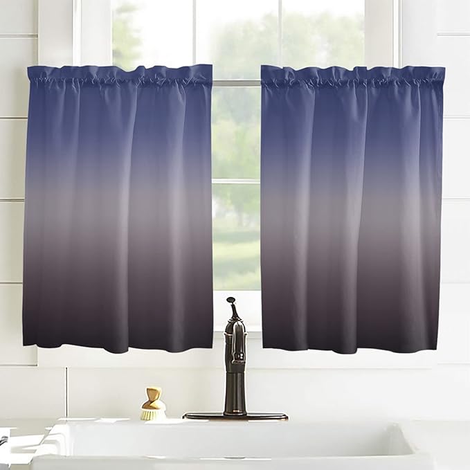 45 Inch Long Tier Curtains for Kitchen, Purple Gray Gradient Bathroom Window Curtains Rod Pocket Short Curtains Window Treatment Tiers for Living Room Farmhouse 2 Panels