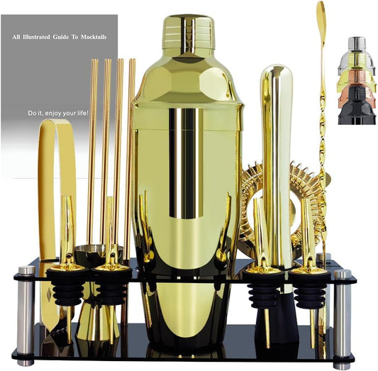 14-Piece Cocktail Shaker Set Bartender Kit with Black Stand, Bar Tool Set for Drink Mixing Bartending Kit Bar Sets Accessories: 750ml(25oz) Shaker, Jigger, Muddler, Cocktail Recipes (Gold)