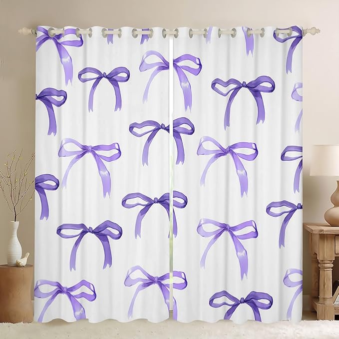 Feelyou Bow Room Darkening Blackout Curtain Boys Girls (2 Panels, 52 x 90 Inch) Purple Girls Bow Curtains for Bedroom Living Room Cute Bowknot Blackout Curtains Kawaii Window Treatments