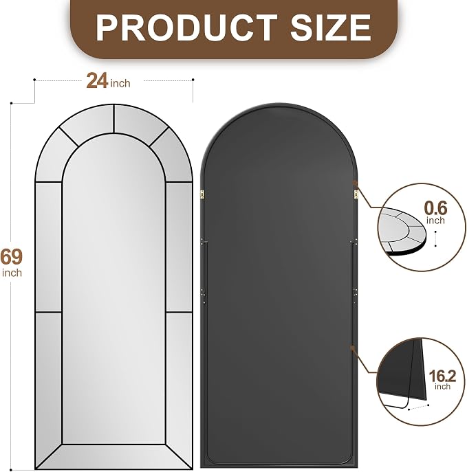 Wall Mirror,Full Length Floor, Window Pane Mirror for Living Room Decor, Decorative Wall Art, Large Wall for Bedroom, Hallway, Living Room Arch-65"X28"