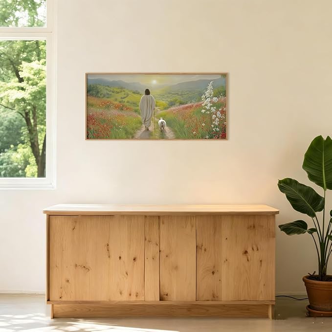 LHIUEM Large Jesus and Lamb Christian Framed Canvas Wall Art,Leaves The 99 Sheep Wall Decor,Mountain Sunset Flower Bible Artwork for Living Room,Bedroom,Dining Room,Office -20''x40''x1