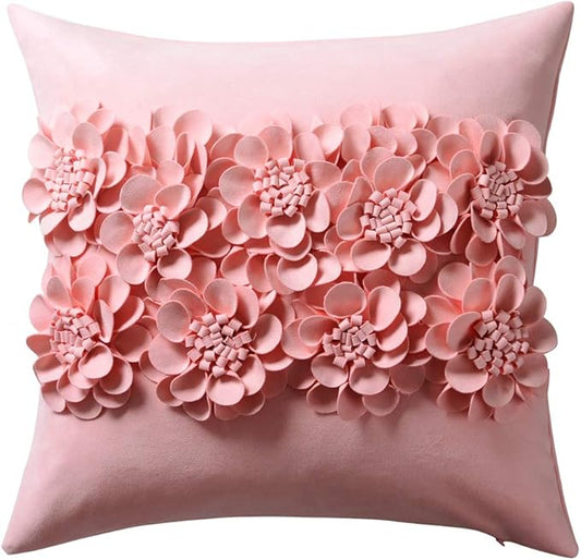 JWH Handmade 3D Flower Throw Pillow Covers Decorative Floral Accent Cushion Cover Stereo Velvet Pillowcase for Car Bed Couch Bedroom Decor 18x18 Inch Pink