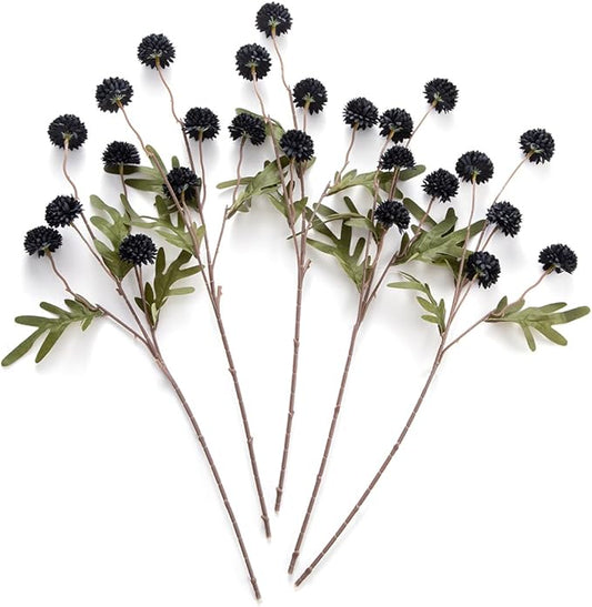 Laelfe Black Kiku Artificial Flower - 5 Pcs Fake Pompon Mums Silk Small Chrysanthemum Faux Ball Flower Stem Decor for Home Wedding Filler DIY Bouquet Centerpieces Arrangements Shower(Black)