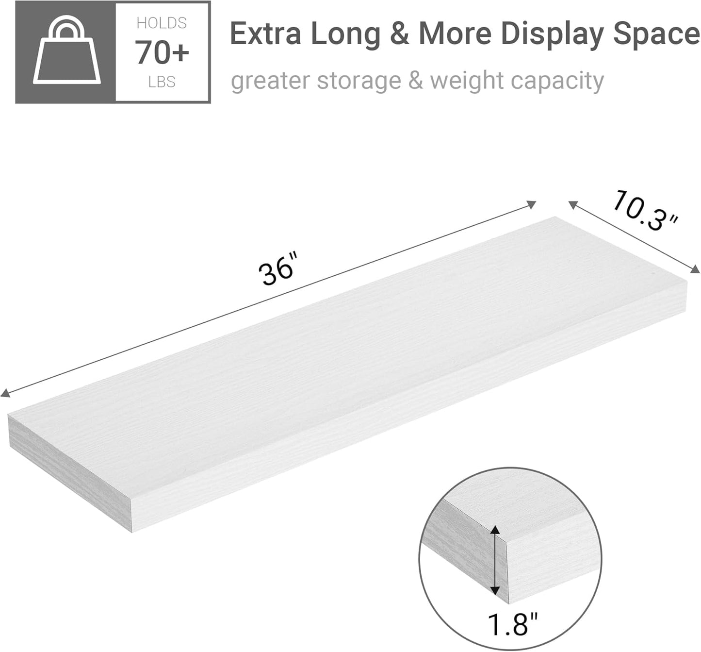 10 inches Deep Floating Shelves 36 inch Long, Wall Shelves Heavy Duty 70 lbs for Bedroom, Bathroom, Living Room, Kitchen, Office, Modern Shelf Home Decor with Invisible Bracket, White