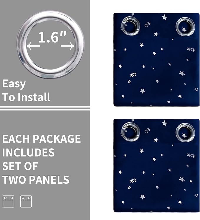 BGment Kids Blackout Curtains for Bedroom - Grommet Thermal Insulated Silver Star Print Room Darkening Curtains for Living Room, Set of 2 Panels (38 x 45 Inch, Navy Blue)