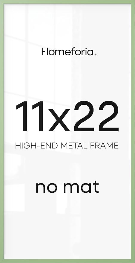 Homeforia 11x22 Newspaper Frame Sage Green, High End Metal 11 x 22 Picture Frame without Mat, 22x11 Thin Sage Green Poster Frames for Wall, 11by22 Photo Art Frame, Tempered Glass, Wall Kit, Set of 1
