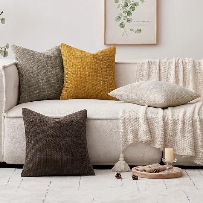 MIULEE Pack of 4 Couch Throw Pillow Covers 20x20 Inch Neutral Gold/Brown Soft Decorative Chenille Pillow Covers Farmhouse Accent Cushion Covers for Boho Fall Home Decor Sofa Bedroom Living Room