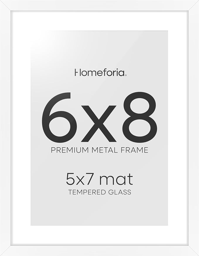 Homeforia 6x8 Picture Frame White, High End Metal 6 x 8 White Frames with Mat 5 x 7 for Art, 8x6 Desk Frame Matted to 5x7 inch Photo, 6 by 8 Wall or Tabletop Frames, Tempered Glass, Wall Kit, Set of 2
