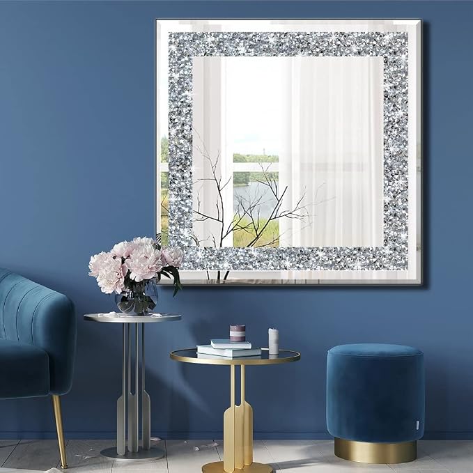20" Square Crushed Diamond Silver Glass Mirror for Wall Decor | Sparkly Crystal Mirror. High-definition, sturdy wood frame. Perfect glam wall decor for living room, entryway modern home