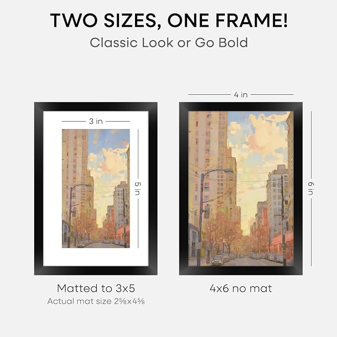 Homeforia 4x6 Picture Frame Black, High End Metal 4 x 6 Black Frames with Mat 3 x 5 for Art, 4x6 Desk Frame Matted to 3x5 inch Photo, 4 by 6 Wall or Tabletop Frames, Tempered Glass, Wall Kit, Set of 3