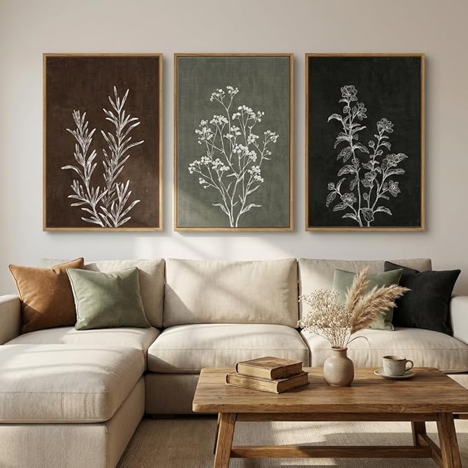 Framed Boho Botanical Wall Art for Living Room, 3 Piece Rustic Floral Canvas Painting Prints, Vintage Framhouse Minimalist Neutral Artwork For Bedroom Hallway Dining Room Wall Decor, 24 x 36 Inch