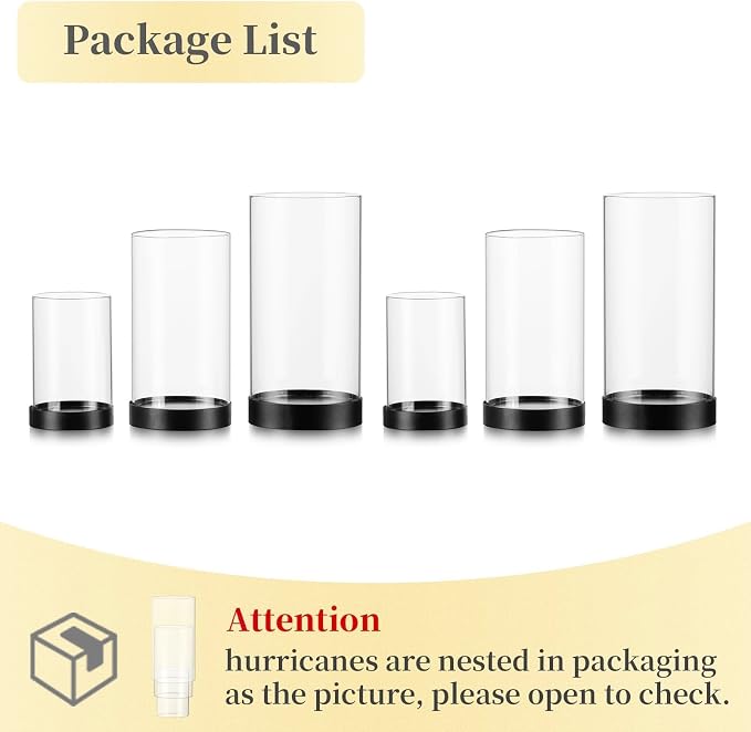 Hewory Hurricane Candle Holder for Pillar Candles: Black Votive Candle Holders Set of 6, Glass Hurricane with Metal Candle Plate, Pillar Candle Holder for Table Centerpiece Wedding Holiday Home Decor