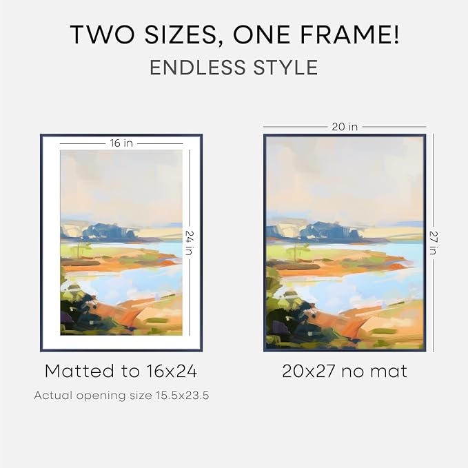 Homeforia 20x27 Picture Frame Navy Blue, High End Metal 20x27 Poster Frames with Mat 16x24 Photo, 20 x 27 Navy Blue Frame Matted to 16 by 24 Print, 27x20 Thin Frame, Tempered Glass, Wall Kit, Set of 2