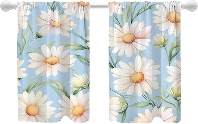 Shrahala Daisies Leaves Blackout Curtain Tiers, White Daisies On Blue Kitchen Valance Light Blocking Tier Drapes with Rod Pocket, 2 Pack 26 X 36 in