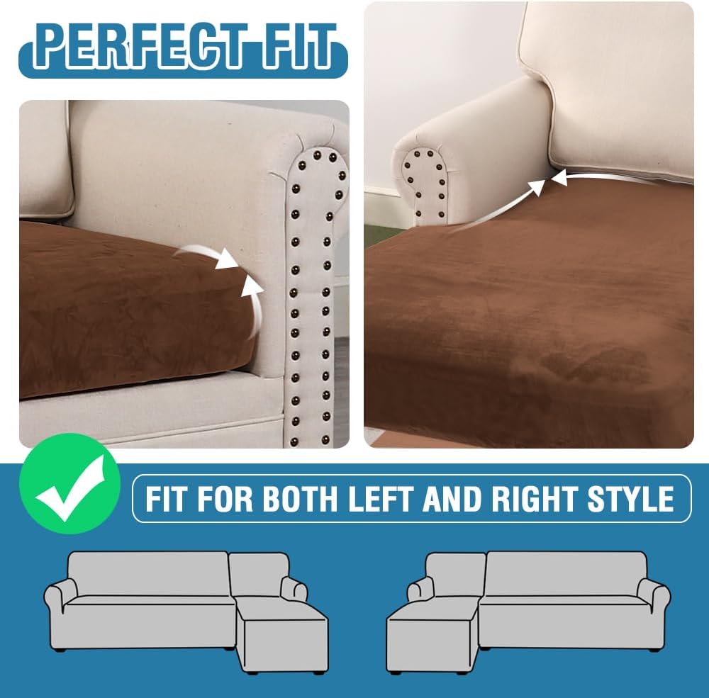 H.VERSAILTEX Velvet Stretch Sectional Couch Covers 4 Pieces Sofa Seat Cushion Covers L Shape Separate Cushion Couch Chaise Cover for Both Left/Right Couch (Large Sofa 3 Seater + 1 Chaise, Caramel)