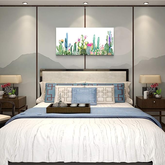 Wall Art for living room Canvas Prints Artwork bathroom Wall Decor Simple Life Green plants cactus Picture Watercolor painting Framed bedroom wall decorations Office posters Works Home Decoration