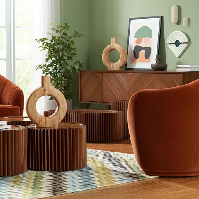 Mango Wood Vase, Modern Donut Vase Design – Accent for Sculptural Display, Decorative Modern Flower Vase – Flower Holder for Stems or Greenery, Living Room or Office Shelf, Home Decor – 14", Brown