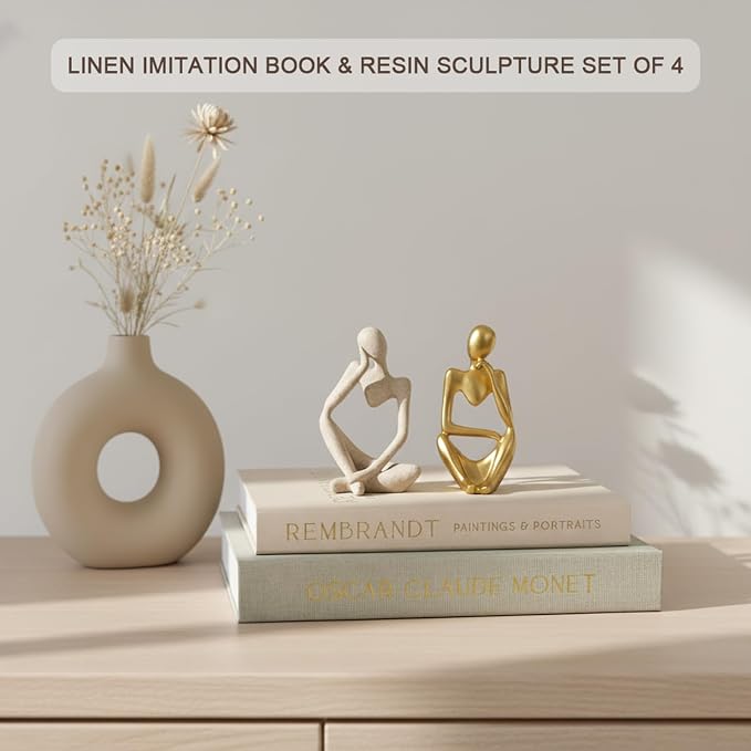 Decorative Books & Thinker Sculptures Set - Linen Boxes & Resin Figurines Enhance Your Coffee Table, Bookshelf or Mantle Decor - Living or Dining Room Home Decoration Aesthetic, Photo/Keepsake Storage